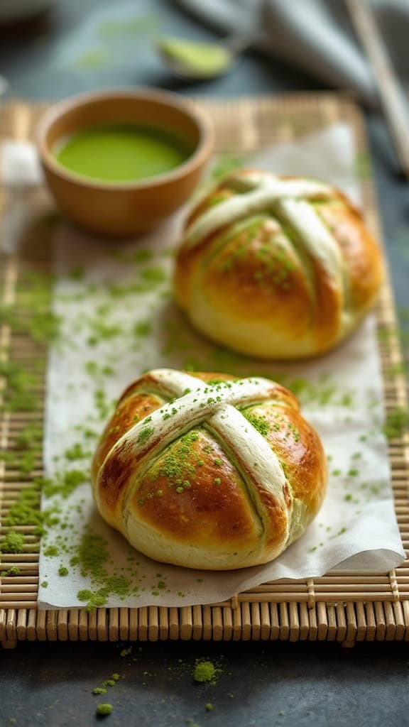 Two Matcha Green Tea Hot Cross Buns on a plate with a bowl of green tea