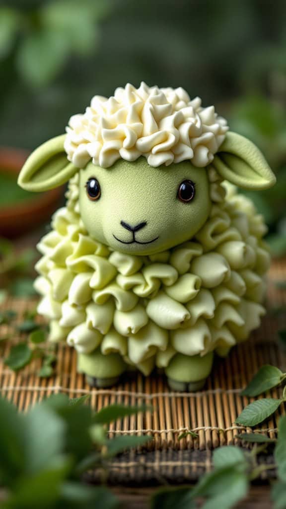 A cute lamb cake decorated with green matcha frosting and a fluffy white topping.
