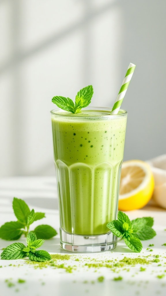 A refreshing matcha green tea smoothie in a glass with a straw and mint leaves.