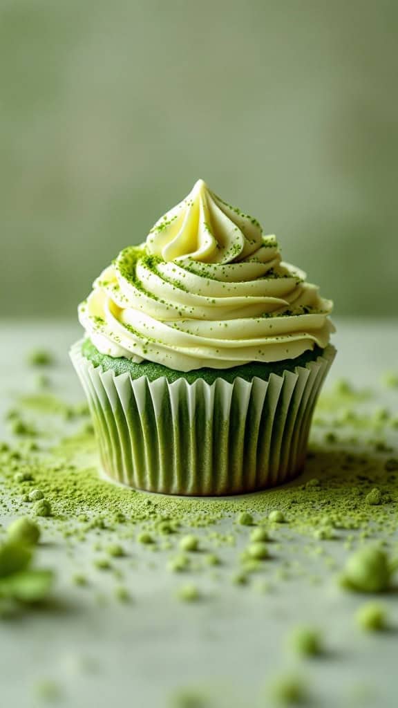A cupcake with matcha green tea frosting and sprinkles.