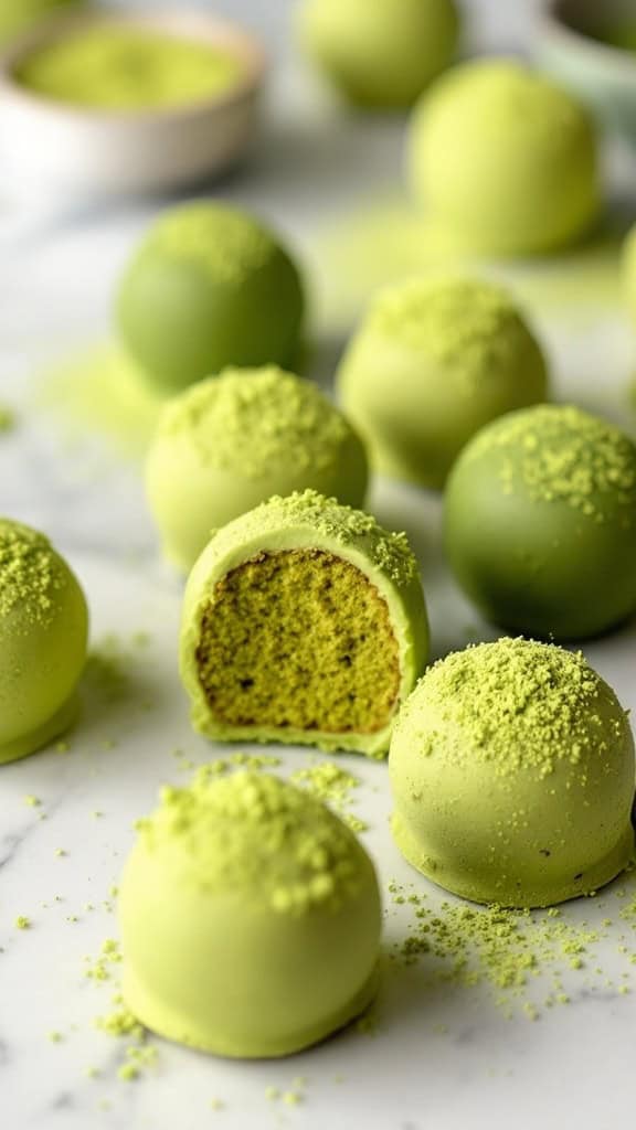 A matcha green tea truffles with a creamy filling, some whole and some cut in half, surrounded by matcha powder.