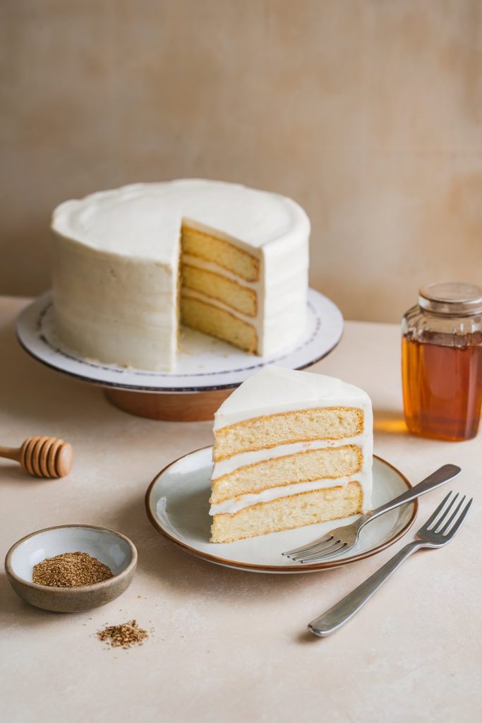 A cake with stevia and honey on the side
