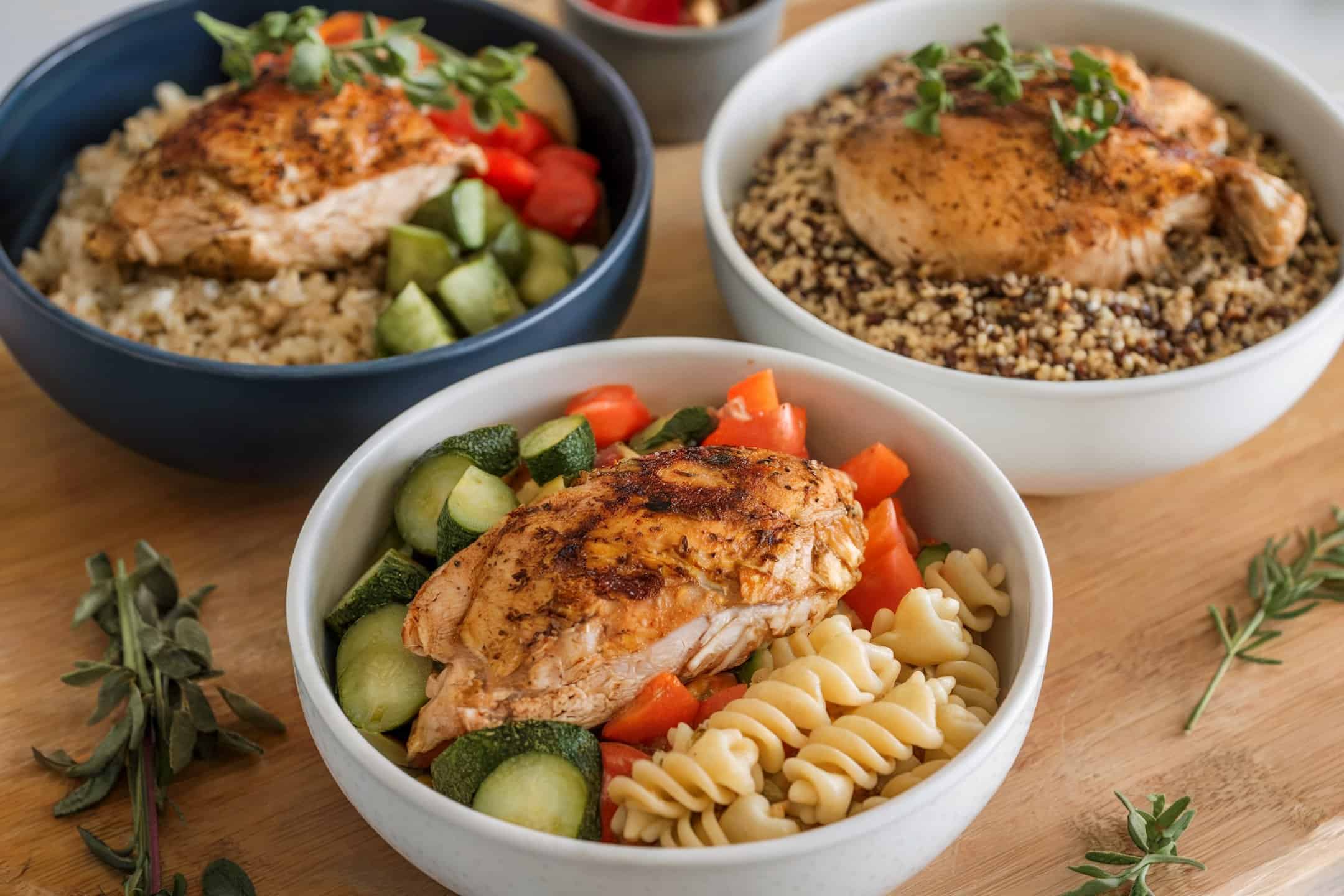 Three chicken bowls with different recipes