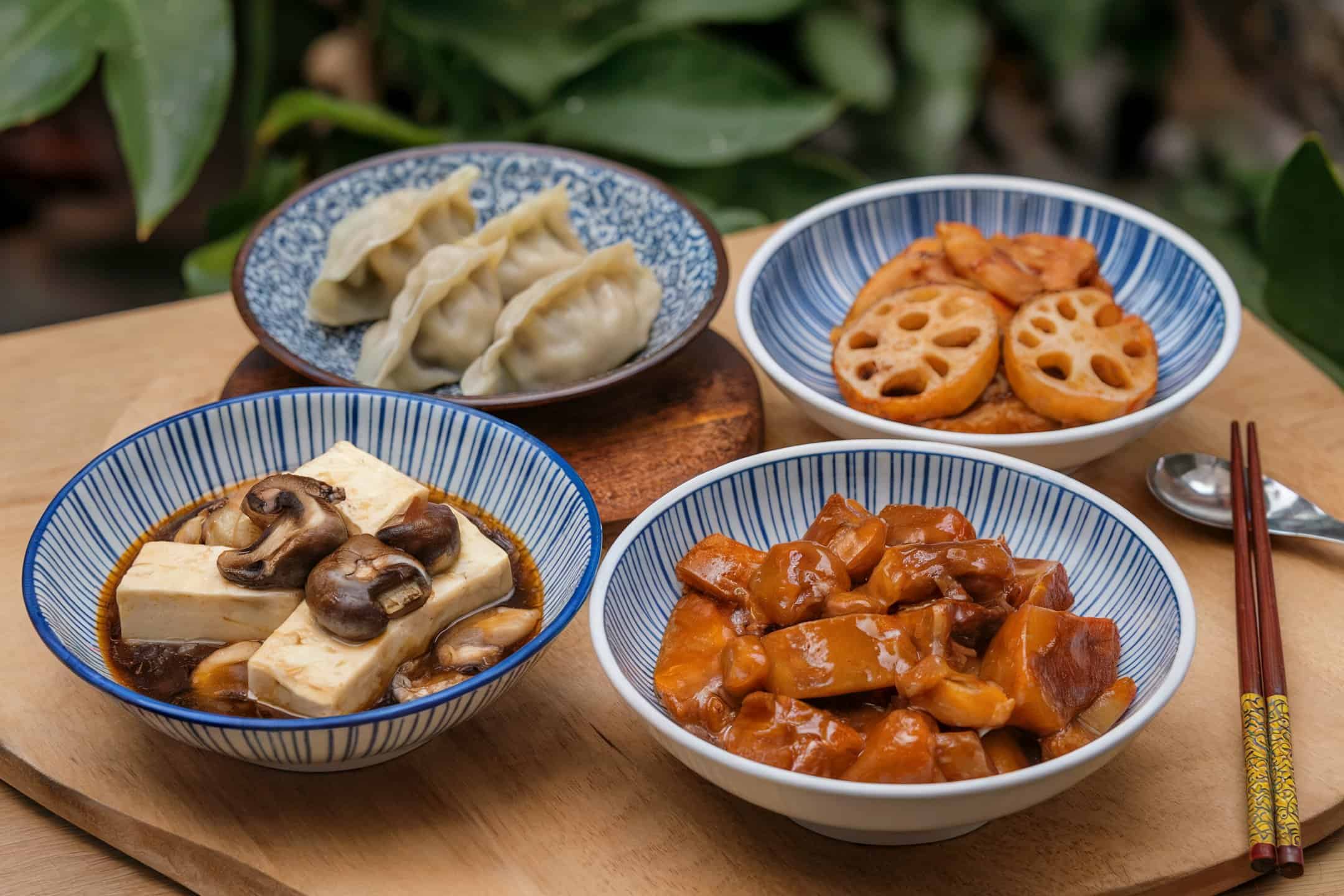 Four Chinese dishes on separate bowls