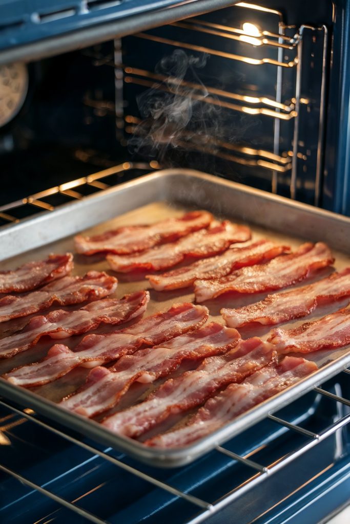 Raw bacon strips on a baking  tray inside the oven