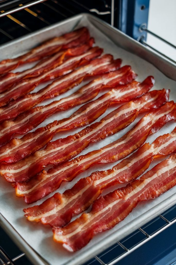 Long strips of bacon on a baking tray with parchment paper