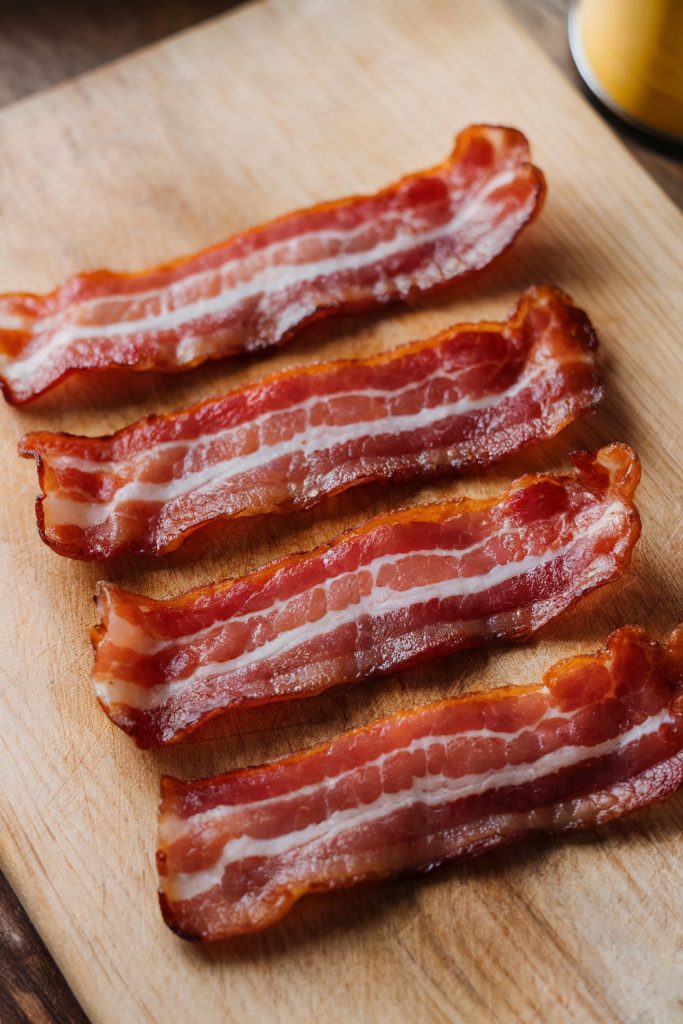 Four pieces of cooked bacon strips placed on a  wooden chopping board