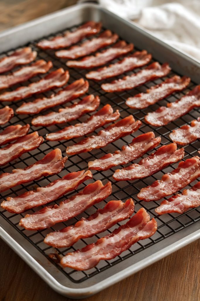 Lined up bacon strips on a cooling rack