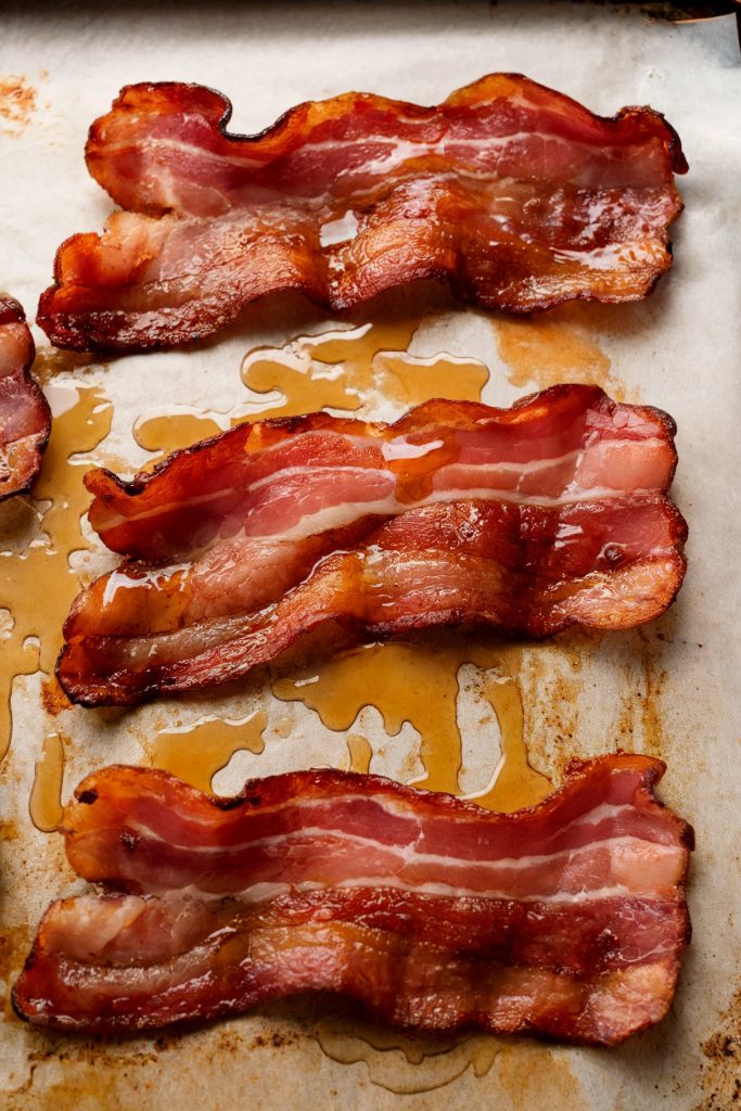 Crispy and maple-glazed pieces of baked bacon