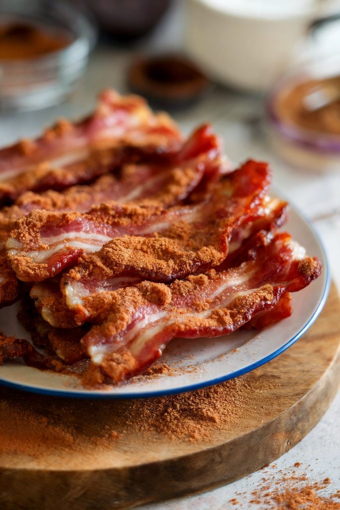 Cooked bacon sprinkled with cinnamon powder