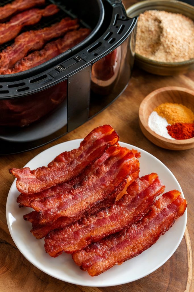 Cooked bacon on a white plate with an air fryer on the side and some seasonings on another small bowl