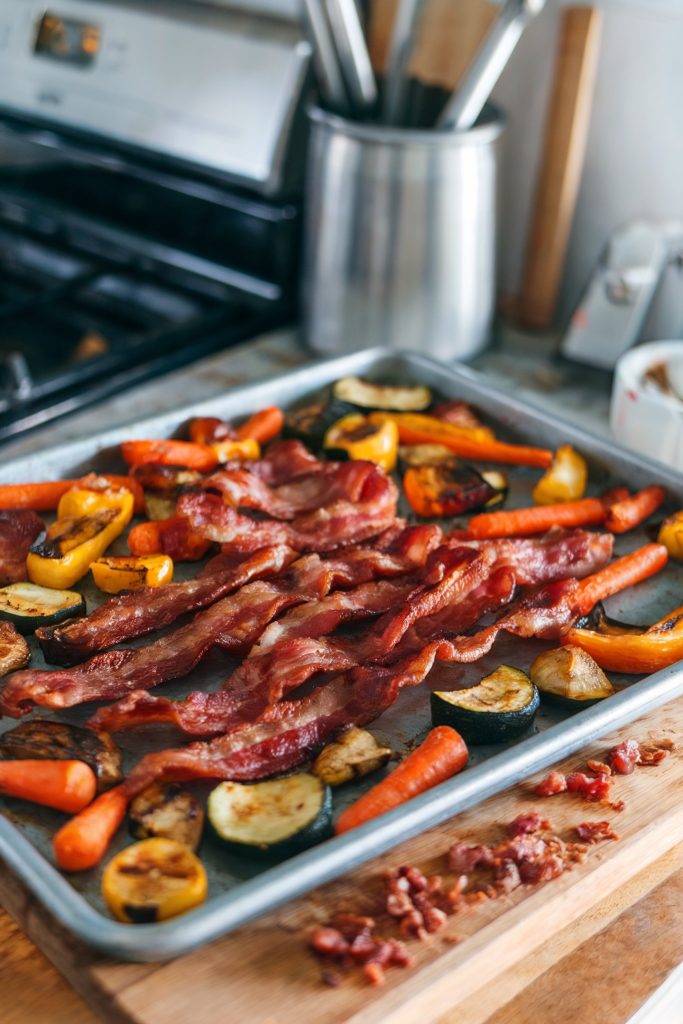 Baked bacon with roasted vegetables 