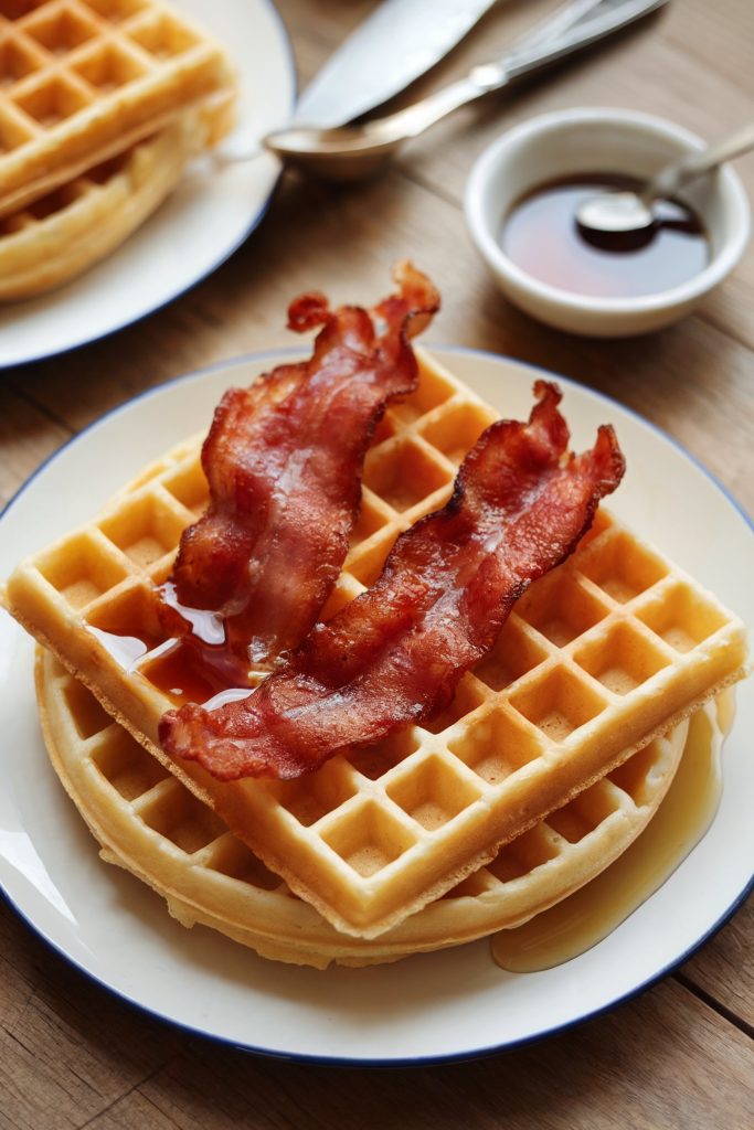 Homemade waffles served with bacons on top