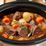 A crockpot filled with a beef stew