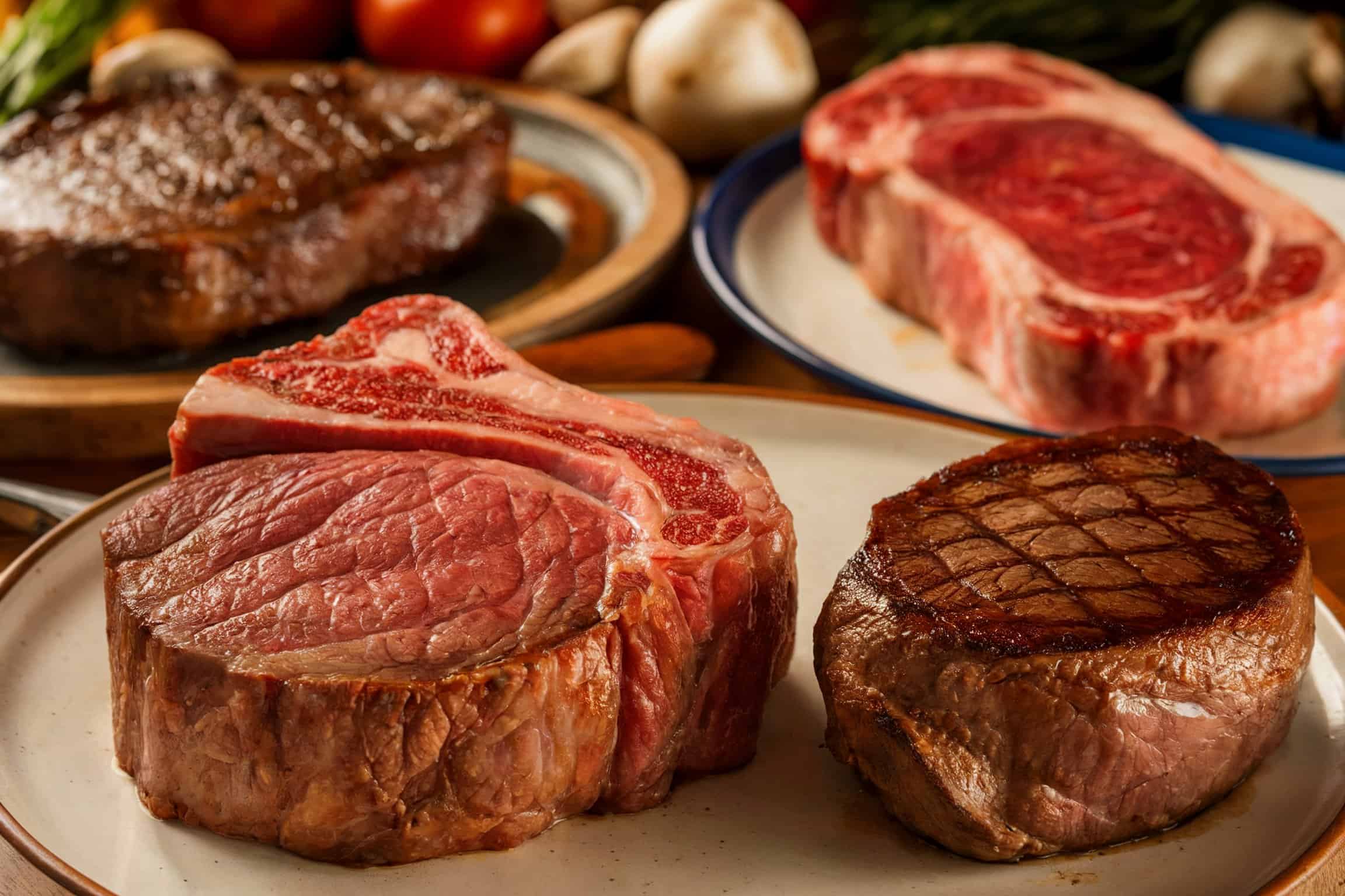 Different kinds of steak on separate plates