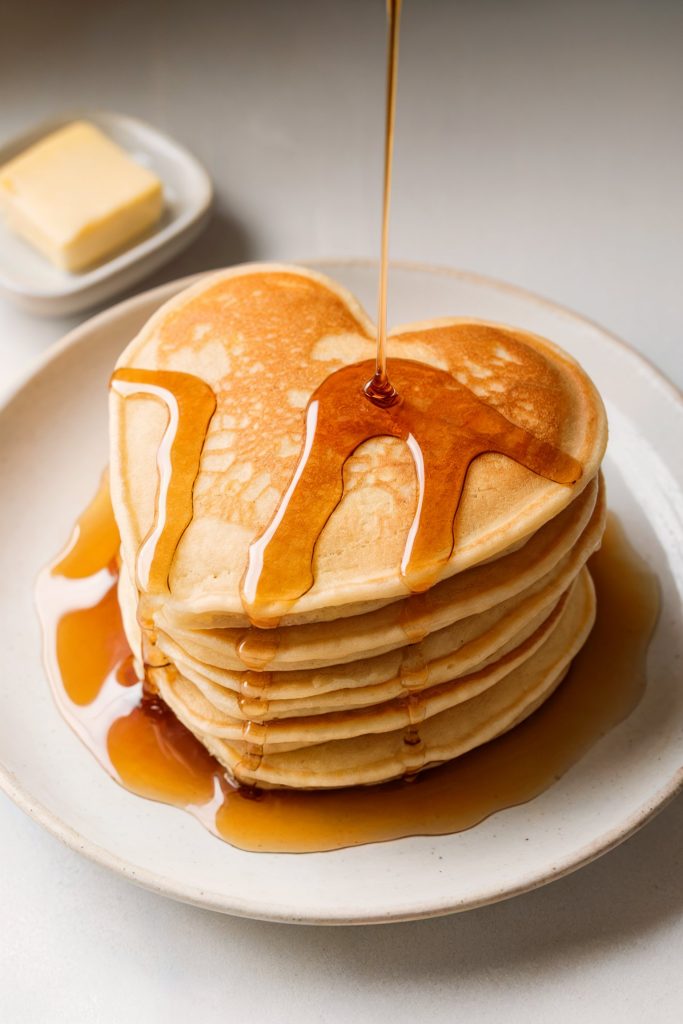 Heart-Shaped Pancakes with Maple Syrup