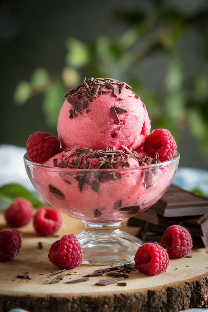 Raspberry Sorbet with Dark Chocolate Shavings