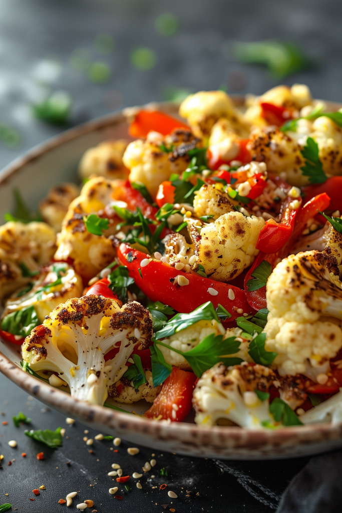 Roasted Cauliflower and Red Pepper Salad With Lemon Tahini Dressing