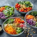 Four types of detox salad on separate bowls