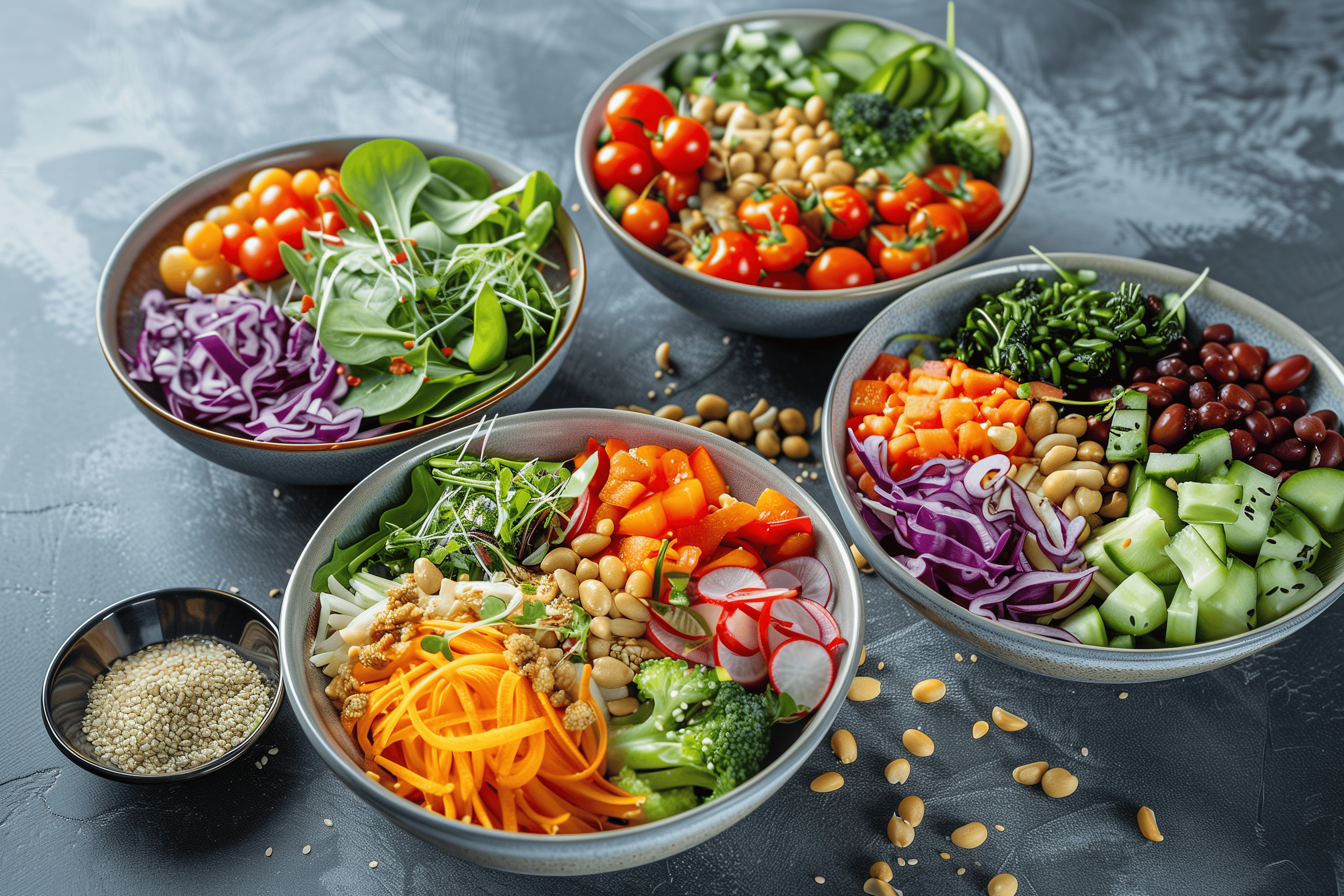 Four types of detox salad on separate bowls