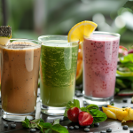 Three different types of smoothies in separate glasses