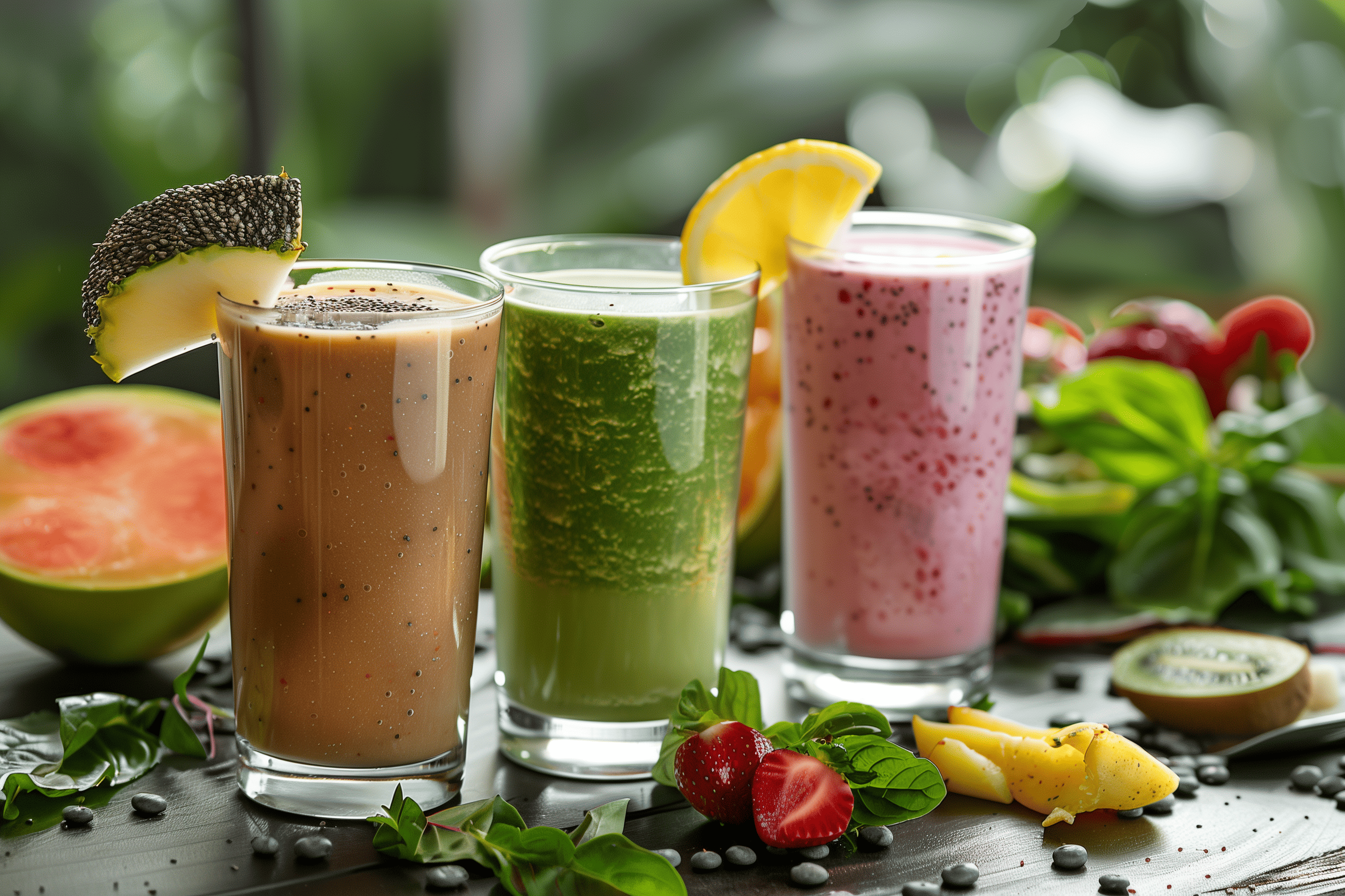 Three different types of smoothies in separate glasses