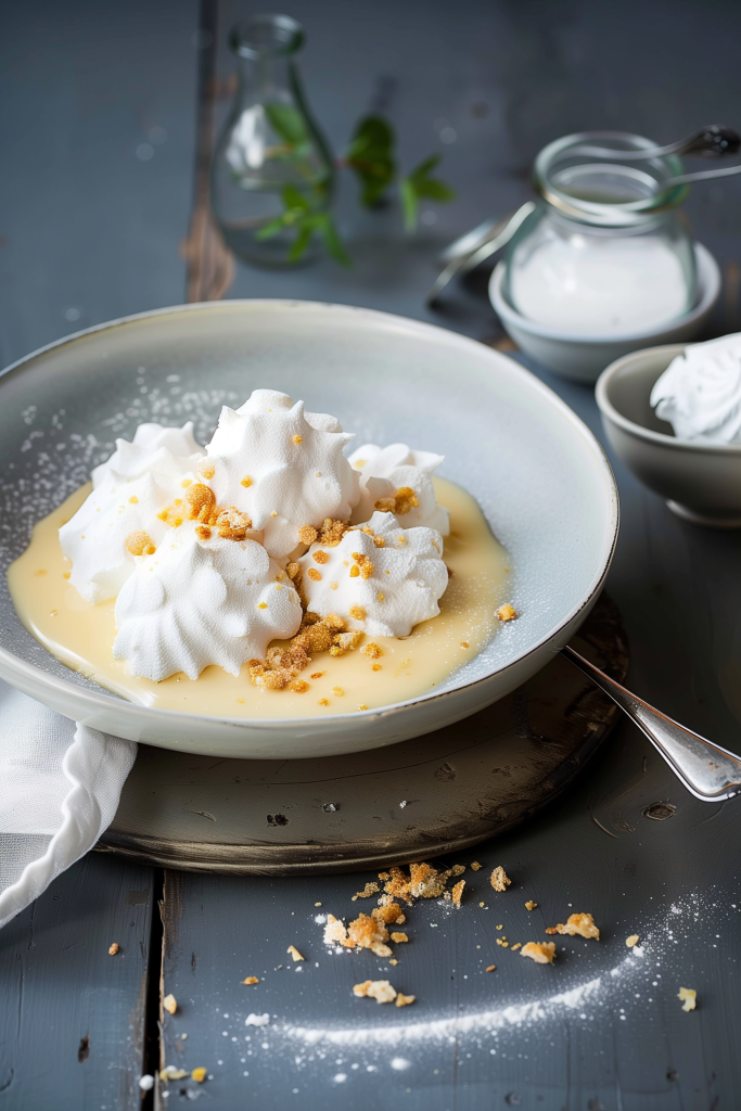 Meringue Snowballs in Custard