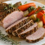 A herb-crusted pork tenderloin on a white plate