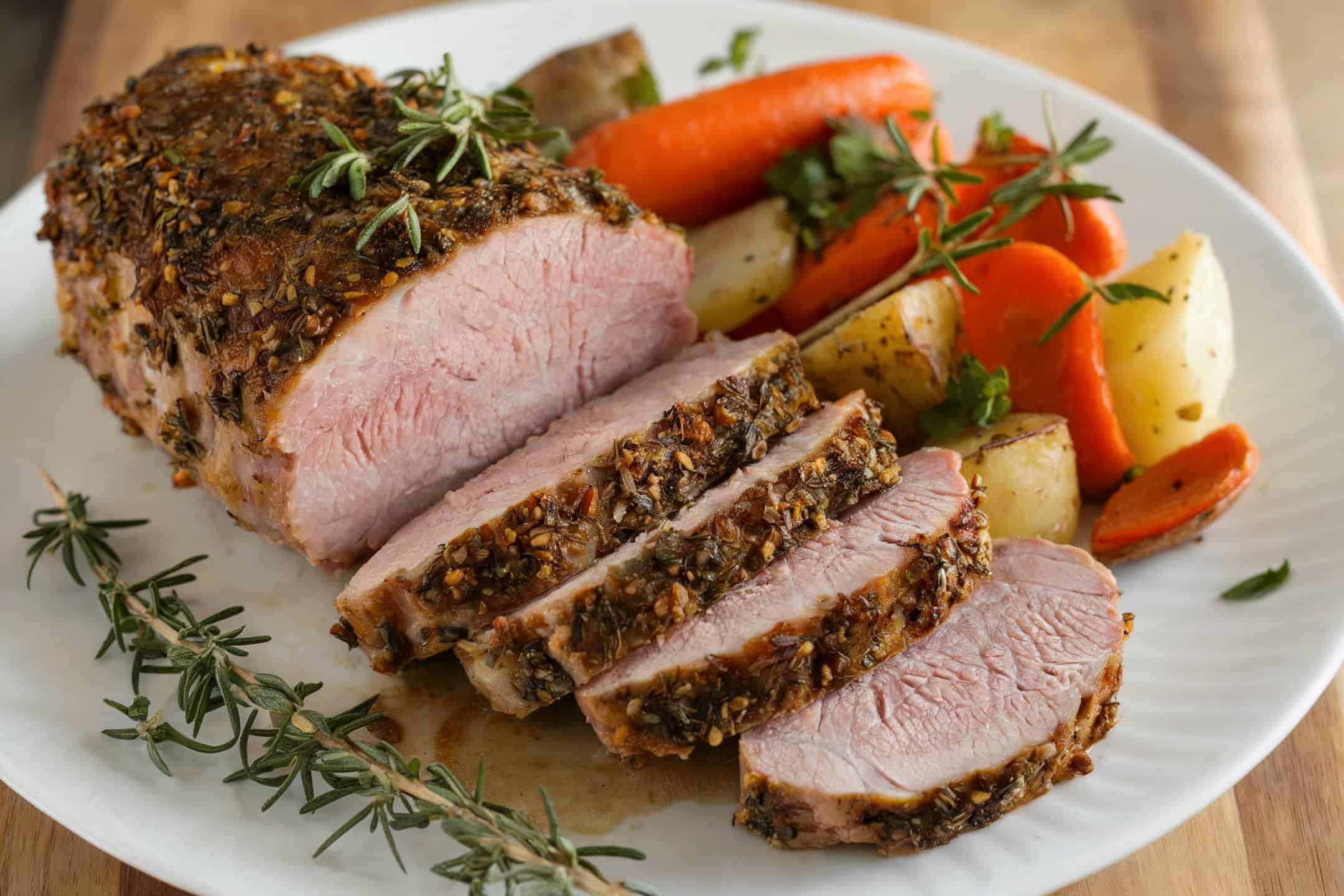 A herb-crusted pork tenderloin on a white plate