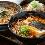 Three different Japanese food such as Udon noodles