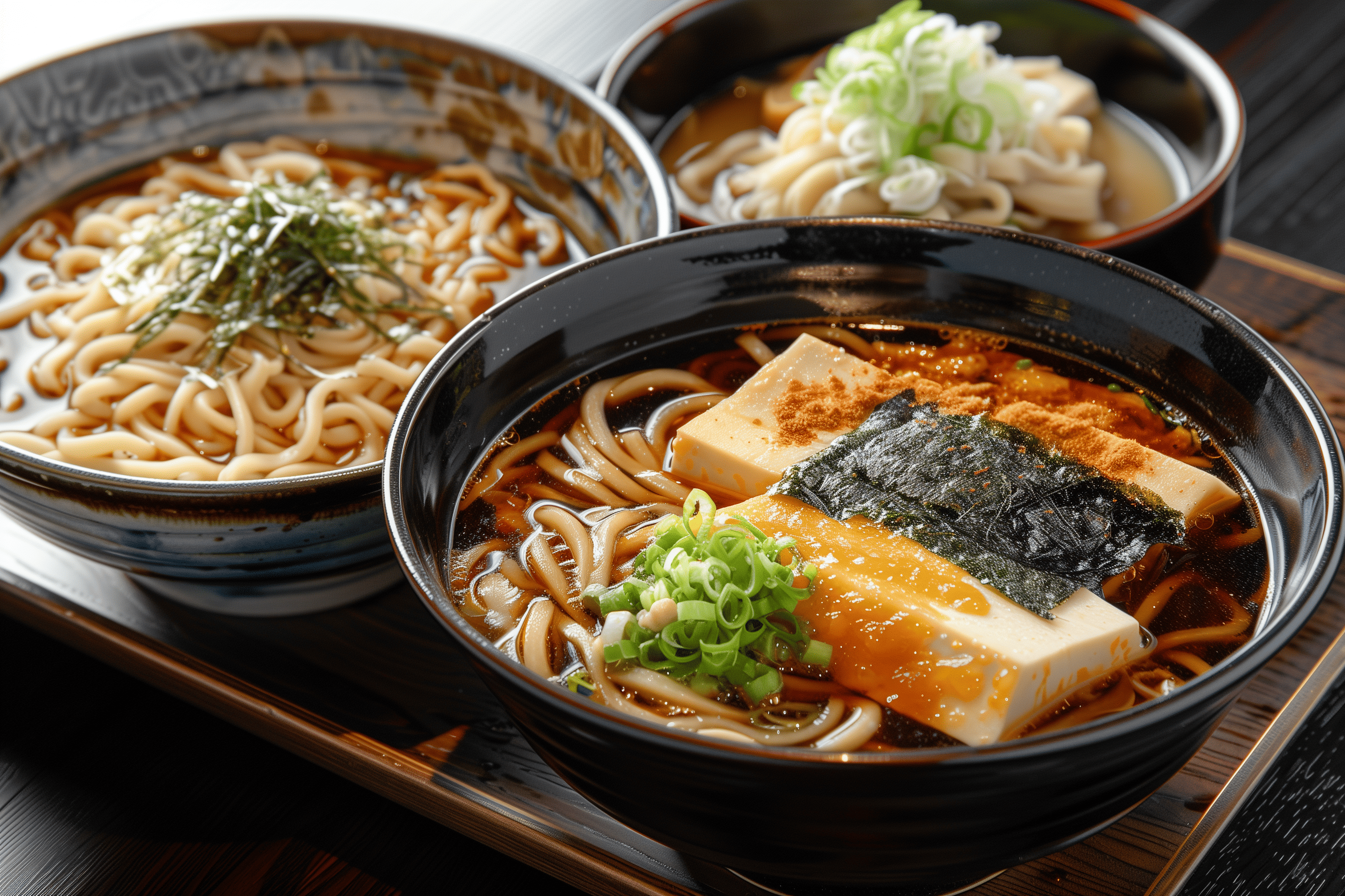 Three different Japanese food such as Udon noodles