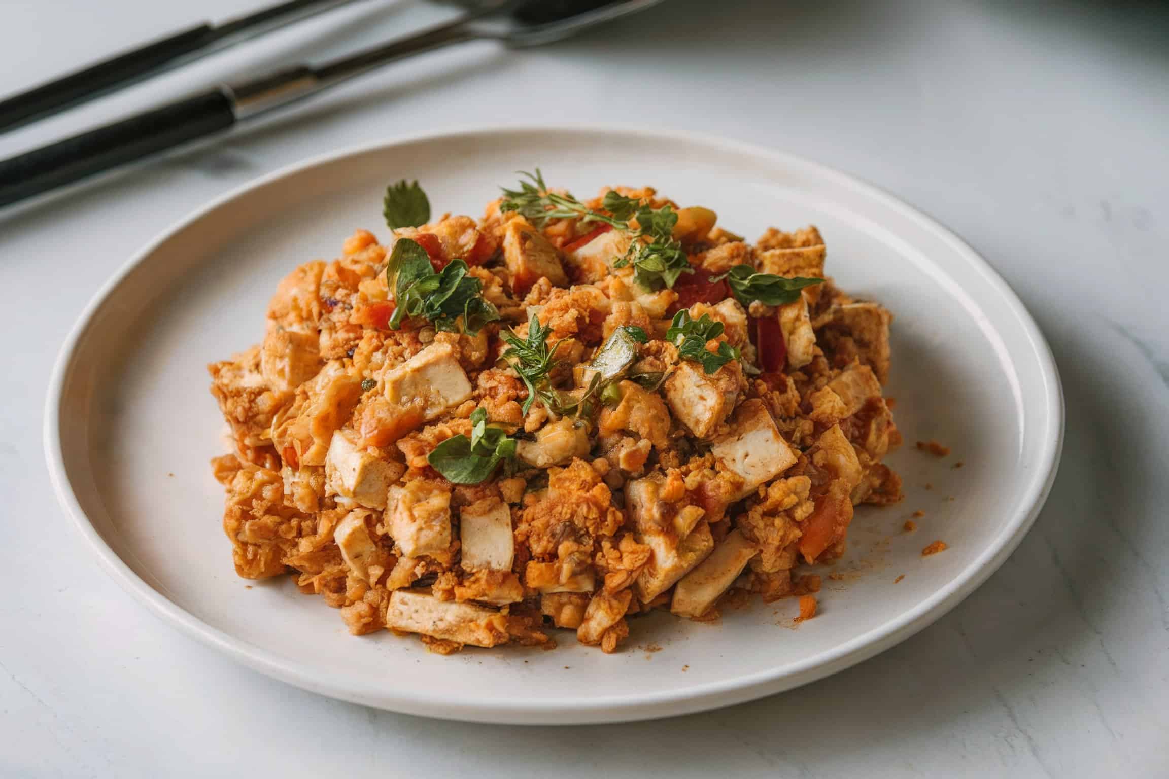 A golden-brown, crumbly dish on a white plate
