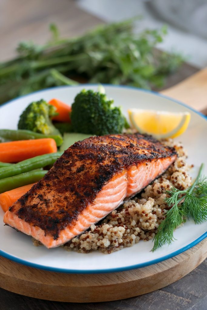 Grilled Salmon with Quinoa and Steamed Veggies