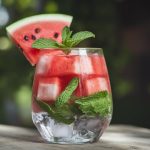 A glass filled with watermelon and mint pieces