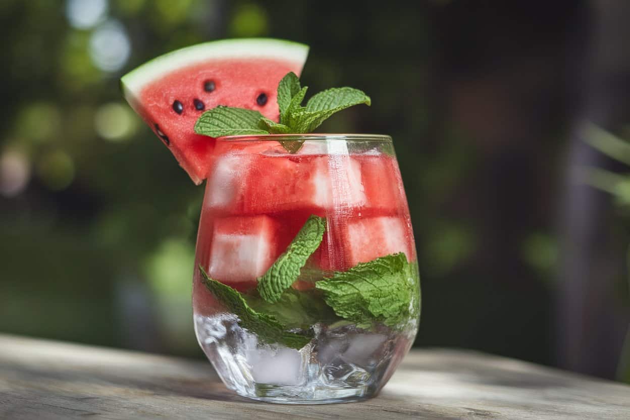 A glass filled with watermelon and mint pieces