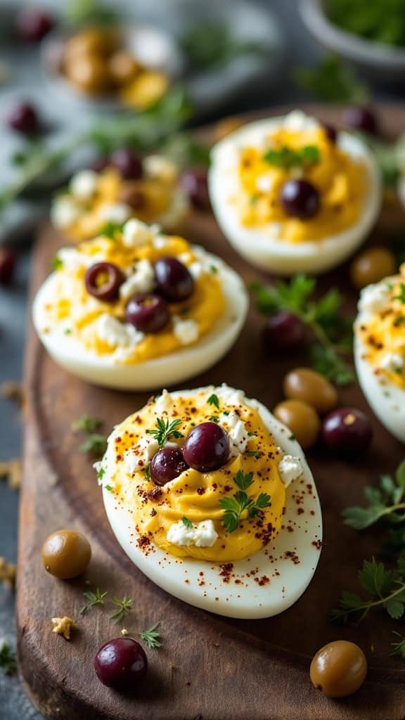 Mediterranean deviled eggs topped with olives and herbs on a wooden board.