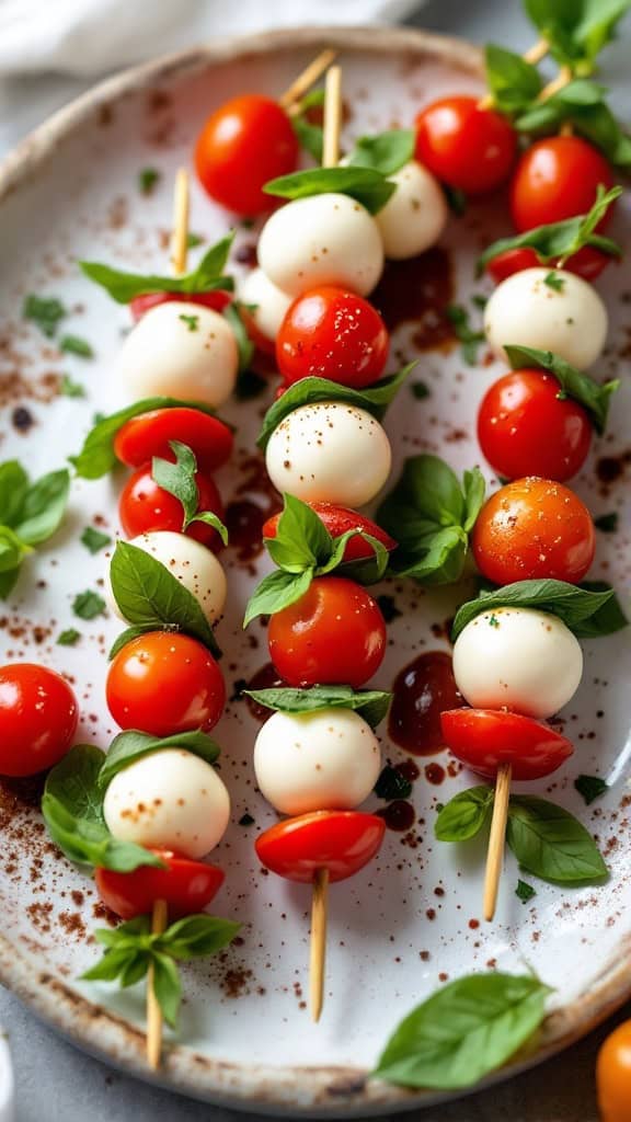 A plate of mini Caprese skewers with cherry tomatoes, mozzarella balls, and basil leaves.