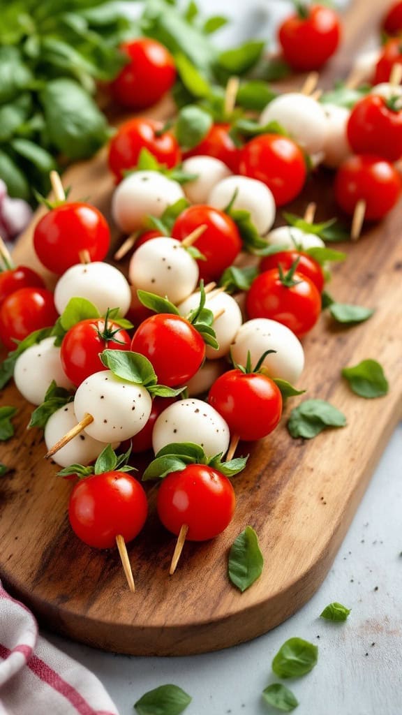 A wooden platter filled with mini Caprese skewers made of cherry tomatoes, mozzarella balls, and fresh basil.