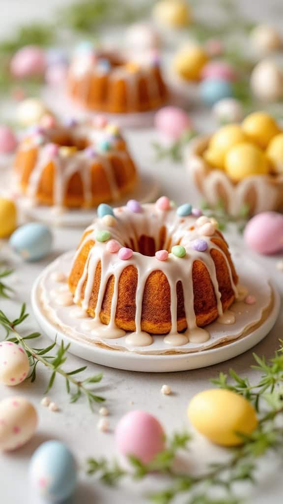 Mini carrot cake bundt cakes decorated with glaze and pastel-colored toppings