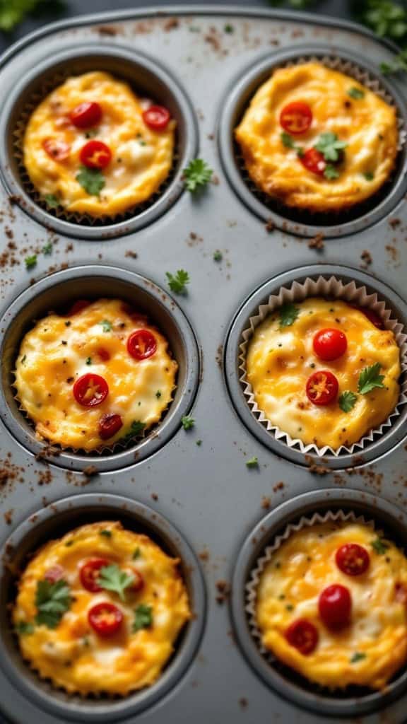 Mini frittatas baked in muffin tins with cherry tomatoes and herbs.