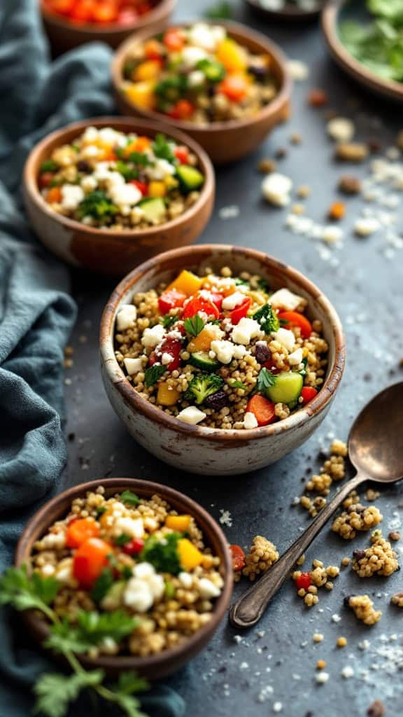 Mini quinoa and veggie bowls in wooden bowls with colorful vegetables and quinoa.