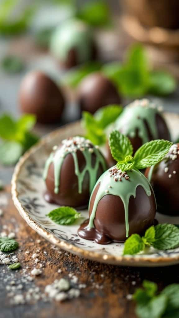 A plate of mint chocolate eggs decorated with mint leaves and drizzle.