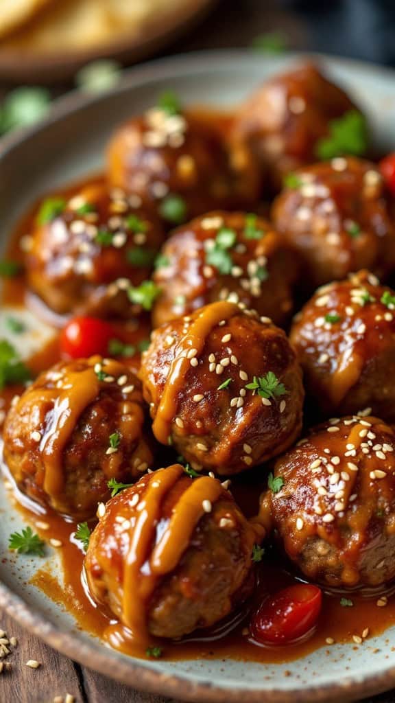 A plate of Moroccan lamb meatballs drizzled with sauce and garnished with herbs.