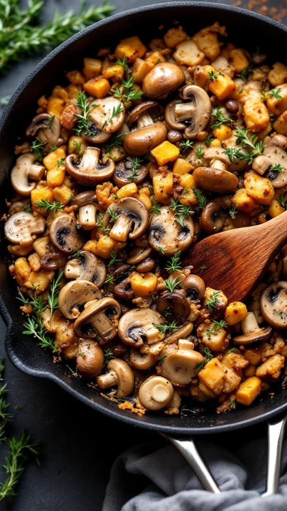 A skillet filled with mushroom and thyme stuffing, featuring mushrooms, diced squash, and fresh thyme.