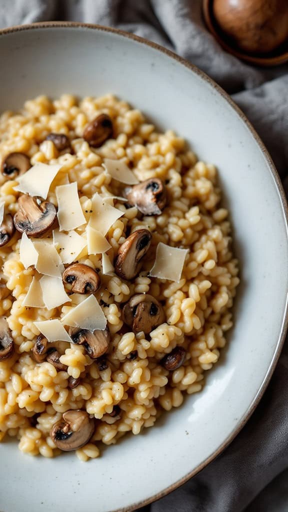 A plate of creamy mushroom risotto with Parmesan shavings.