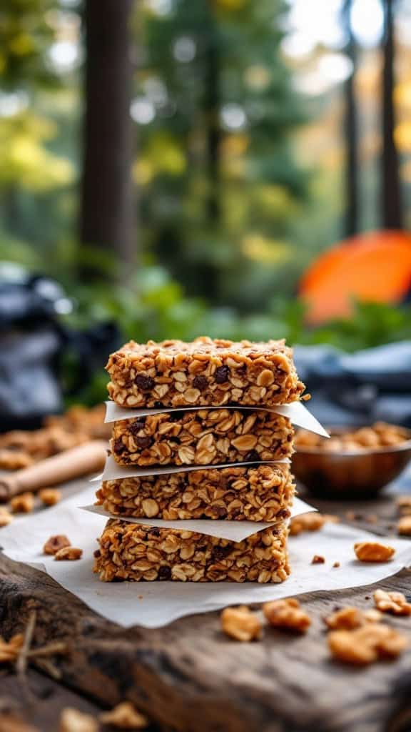 A stack of no-bake granola bars on a wooden surface, surrounded by nuts and camping gear.