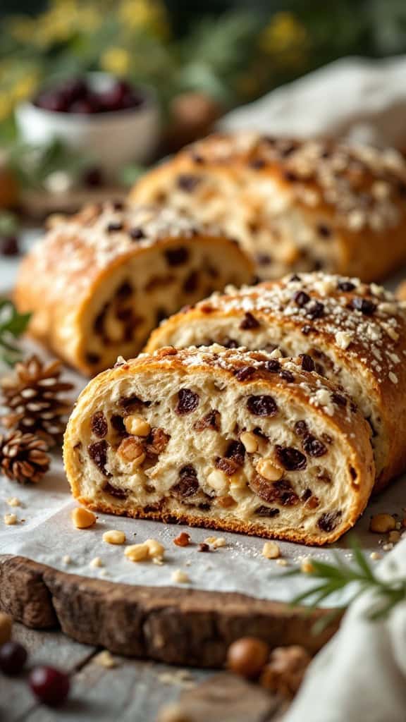 Deliciously stuffed Easter bread with nuts and raisins, displayed on a wooden surface.
