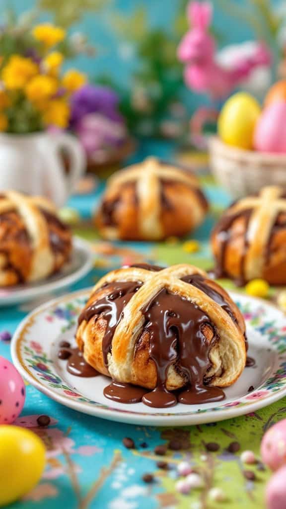 Nutella-stuffed hot cross buns with chocolate drizzle on a floral plate