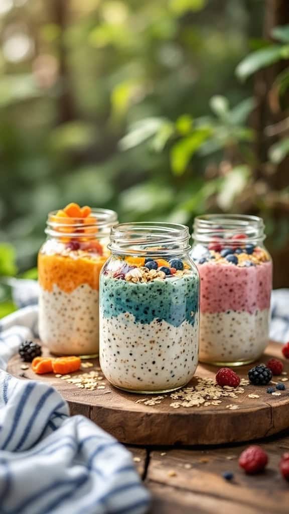 Three jars of colorful overnight oats surrounded by fresh fruits served in a wooden tray.