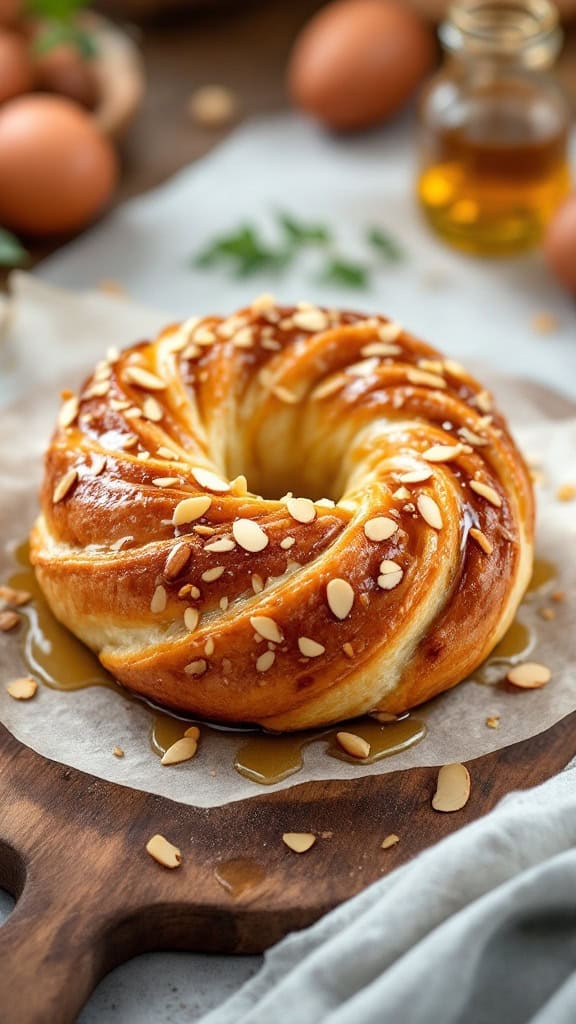 A beautifully crafted Easter bun topped with almond slivers and drizzled in honey, sitting on a wooden board.